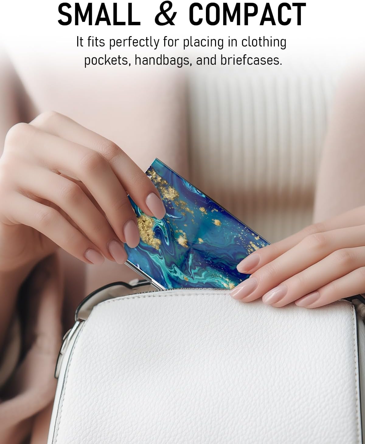 Business Card Metal Slim Organizer, Professional Stainless Steel Square Pocket Wallet for Office Workers, Compact and Portable for Pockets (Dark Blue Marble)