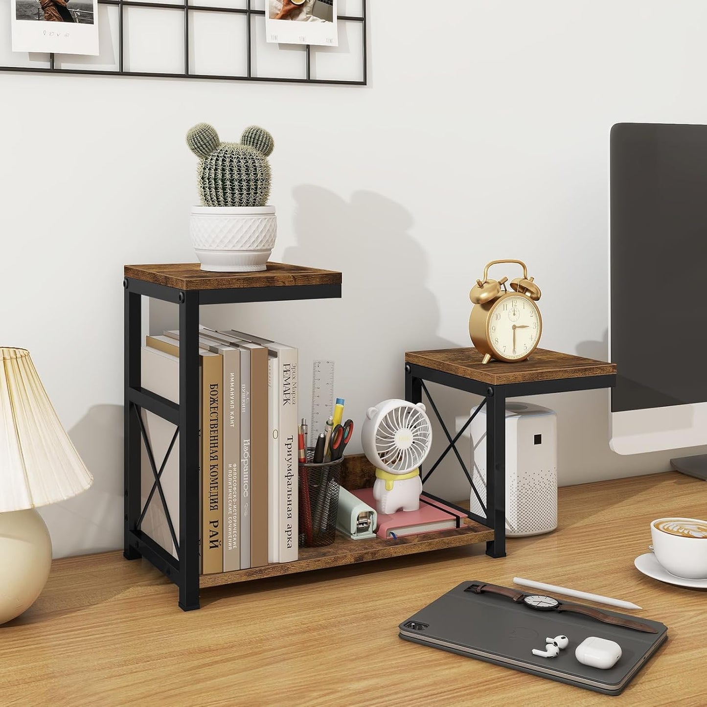 ELITEROO Desktop Shelf Organizer, 3 Tier Office Shelves, Wood Desk Organizers Storage Rack and Freestanding Display Shelf for Office, Dormitory, Home, Rustic Brown