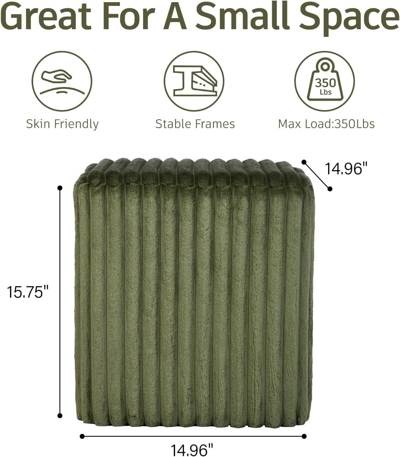 Modern Square Ottoman 2Pcs, Vertical Channel Tufted Foot Stool Ottoman, Velvet Upholstered Vanity Stool for Makeup, Bedroom, Living Room, Dark Green