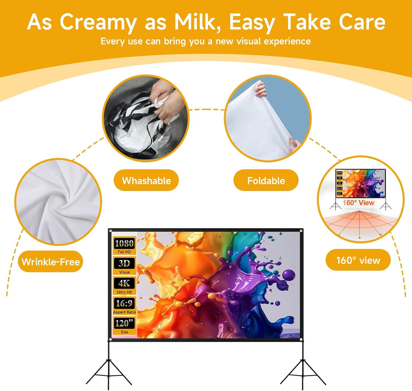 Outdoor Projector Screen with Stand, SCREENMAX 120 inch Foldable Projector Screens with Portable Carry Bag, 16:9 4k HD Rear Front Wrinkle-Free Projection Screen for Movie Night and Indoor Home Theater