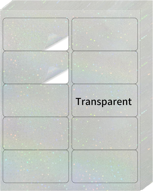 STARLIBOO Transparent Stickers Labels - 2" x 4" Clear Address Labels Mailing Stickers for Laser/Inkjet Printer 8.5"×11"- 20 Sheet (Clear Holographic Star)