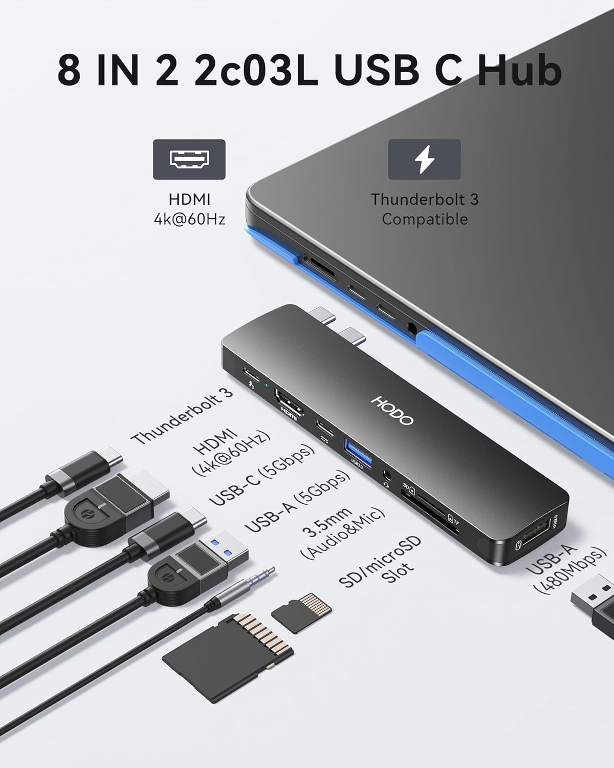 USB C Adapter Hub for MacBook Pro Air 2025-2018, Mac Adapter Multiport for MacBook 13" 15" 16", Mac Accessories Hub 8 in 2 with HDMI Thunderbolt 3 USB-C USB 3.0 2.0 SD/TF Card Reader, Black