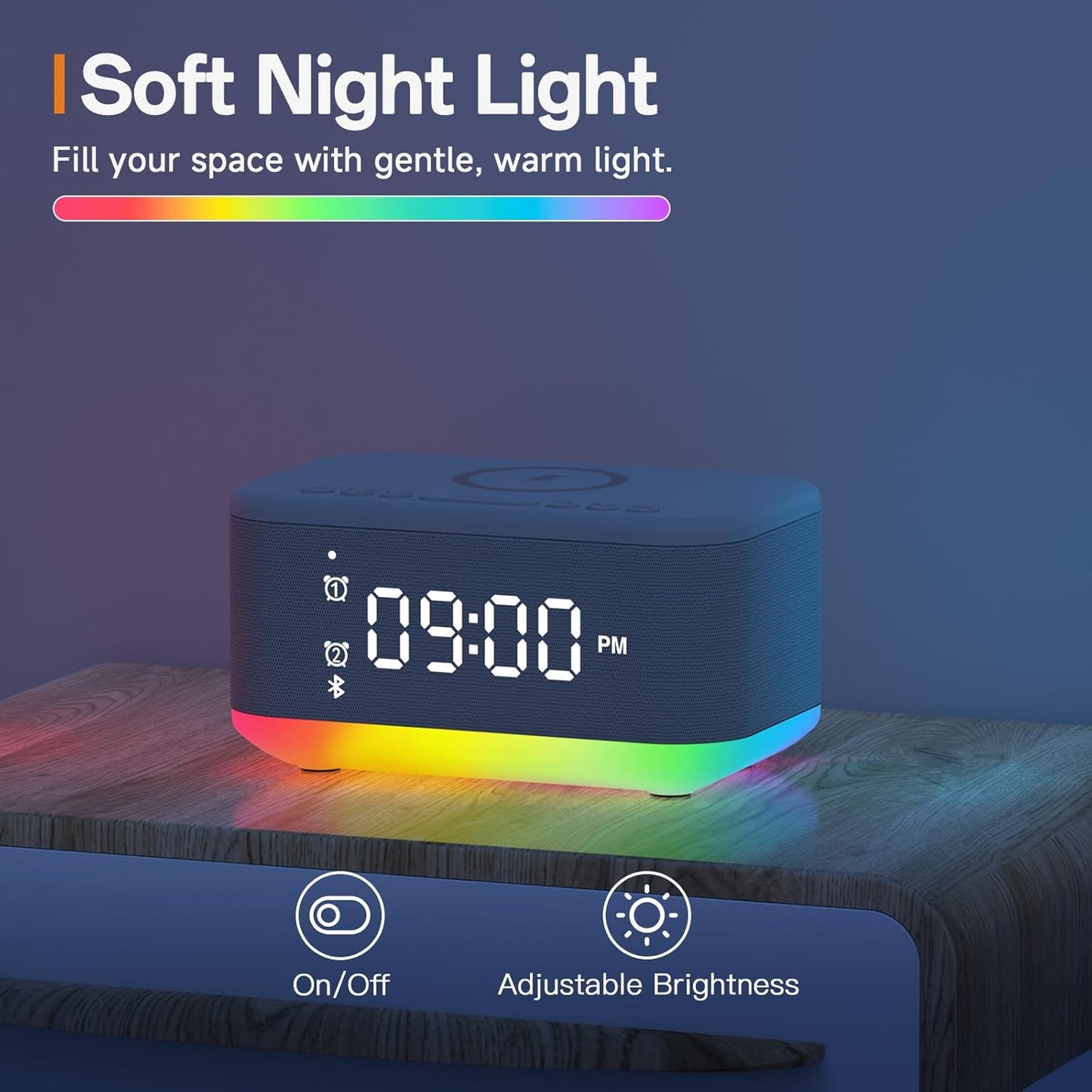 Alarm Clock Speaker Wireless Charger, Digital Alarm Clocks Bedrooms Bluetooth, Alarm Clock Dimmable Light Bedrooms Bluetooth Speaker Dual Alarm Snooze 12/24H Dimmer Support USB AUX, Grey