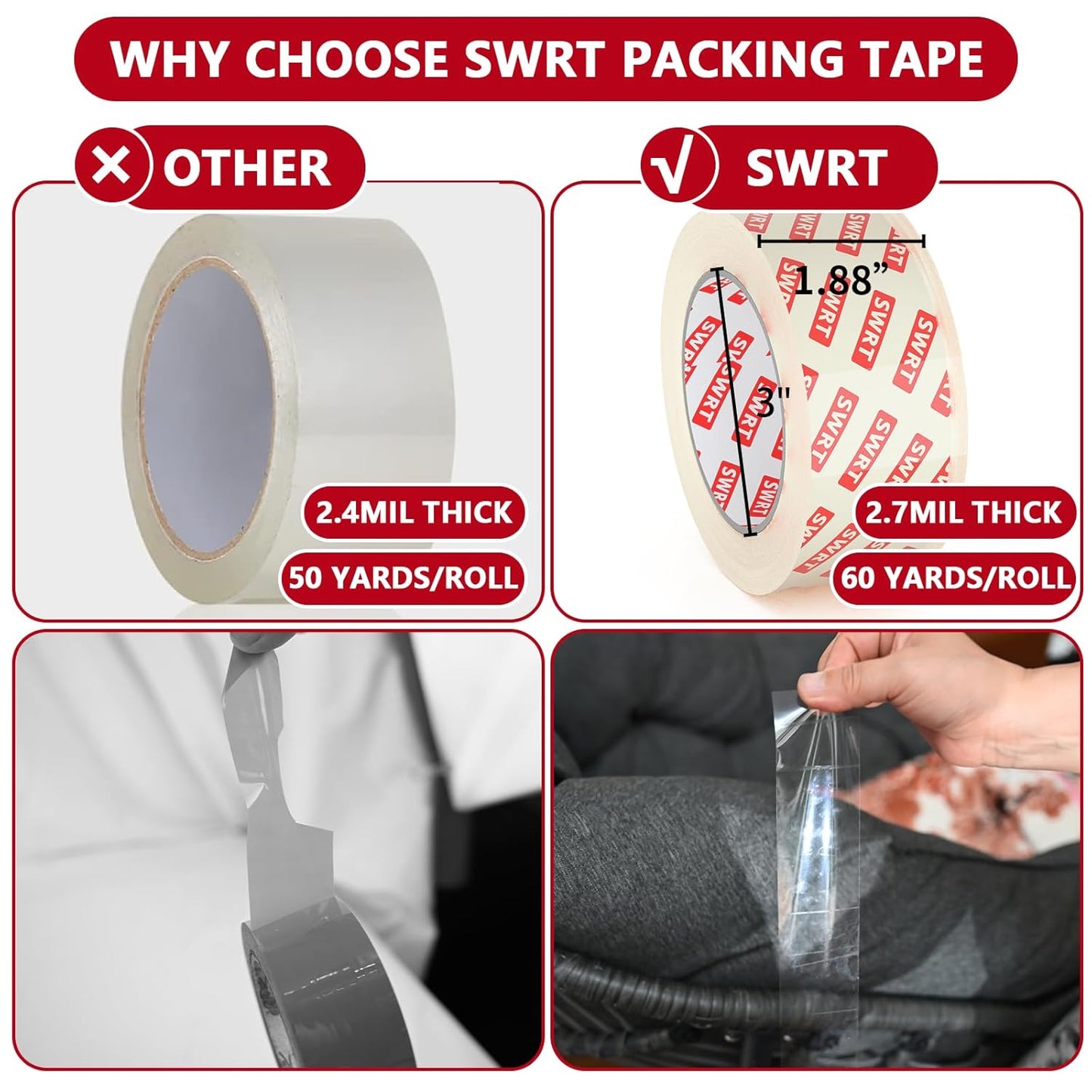 SWRT 2.7Mil Thick Ultra Clear Packing Tape, 36 Rolls Heavy Duty Packaging Tape for Shipping Packaging Moving Mailing, Thicker Sealing Tape-1.88" x 60 Yards Per Roll, 2160 Total Yards