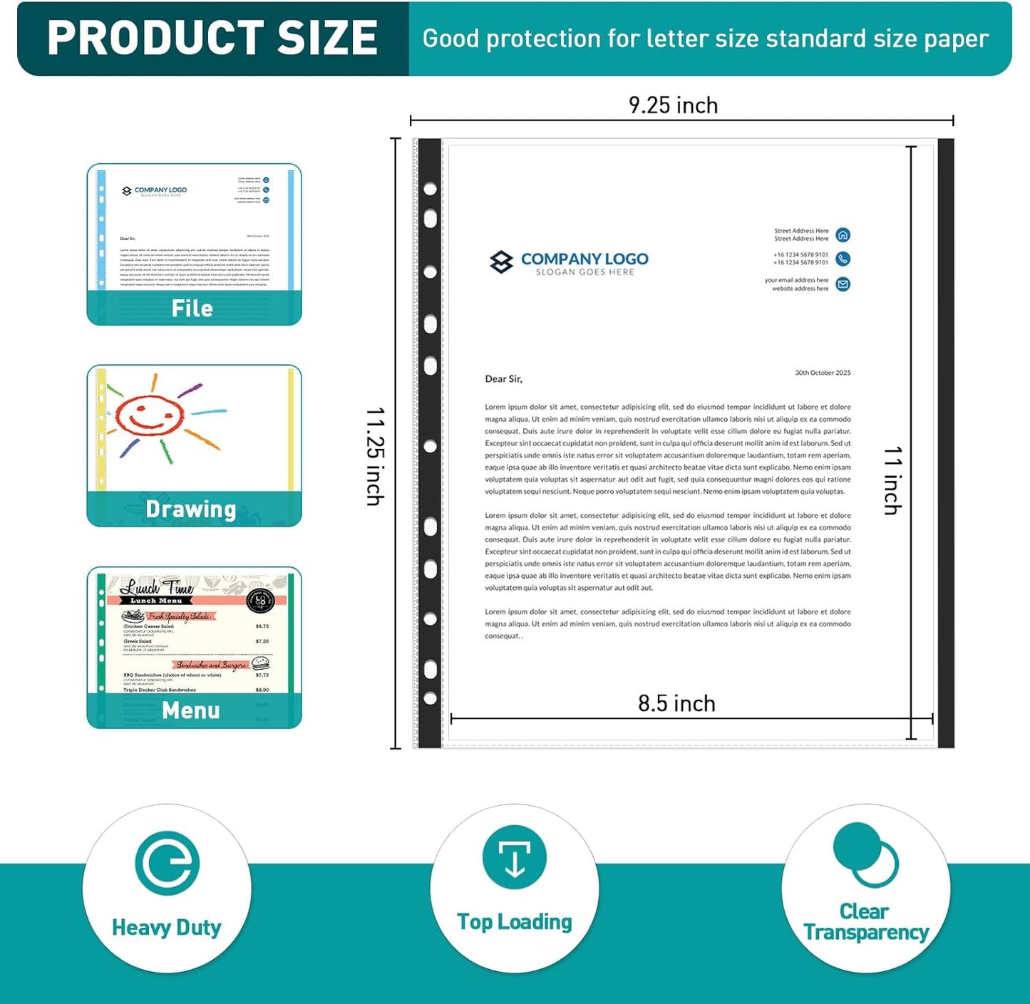 Sheet Protectors, PANDRI 400 Pack Color Heavy Duty Plastic Page Protectors Sheet Reinforced 11-Hole Fit for 3 Ring Binder Fits Standard 8.5 x 11 Paper, 9.25 x 11.25 Top Loaded, Excluding Acid