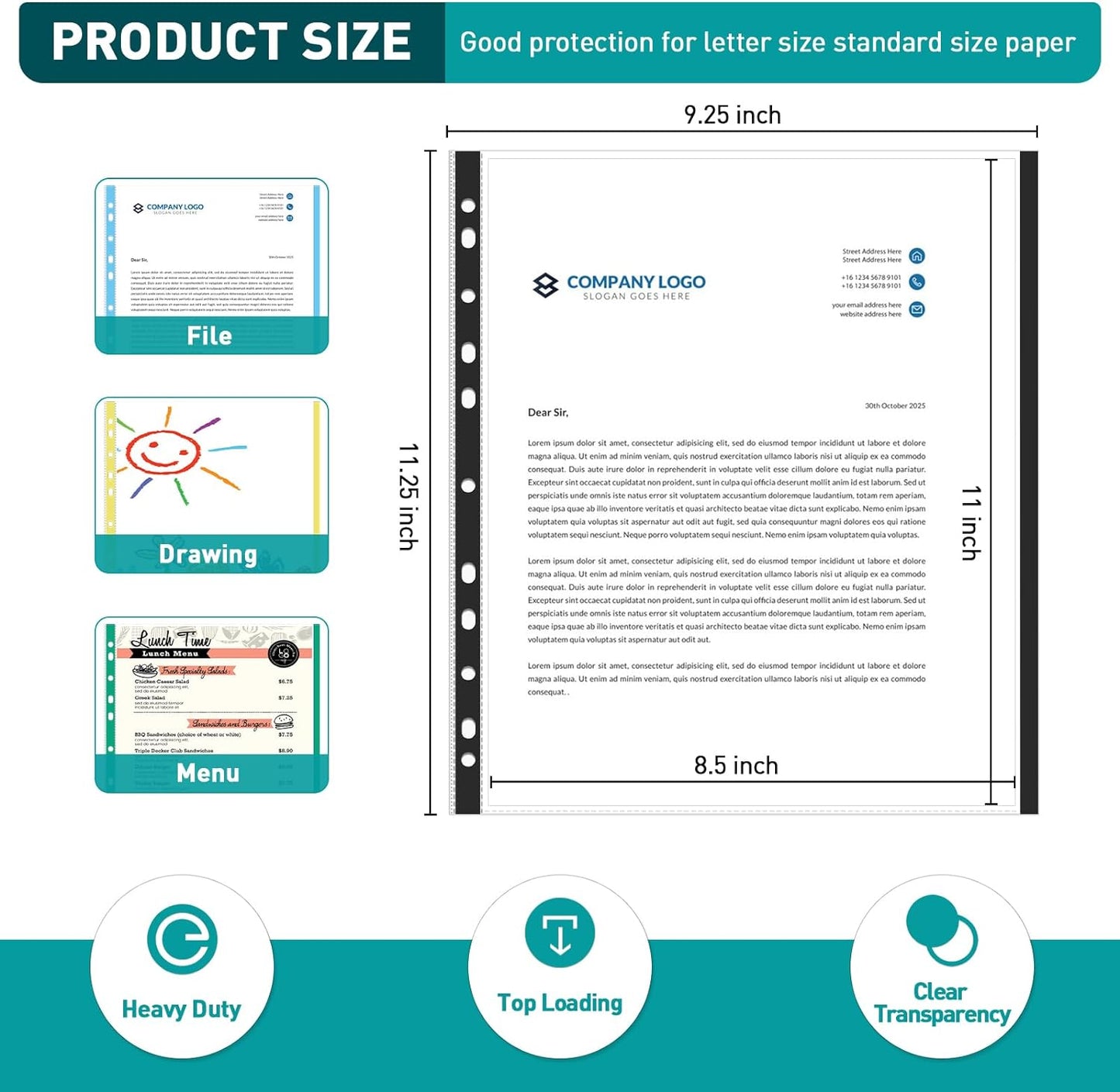Sheet Protectors, PANDRI 500 Pack Color Heavy Duty Plastic Page Protectors Sheet Reinforced 11-Hole Fit for 3 Ring Binder Fits Standard 8.5 x 11 Paper, 9.25 x 11.25 Top Loaded, Excluding Acid