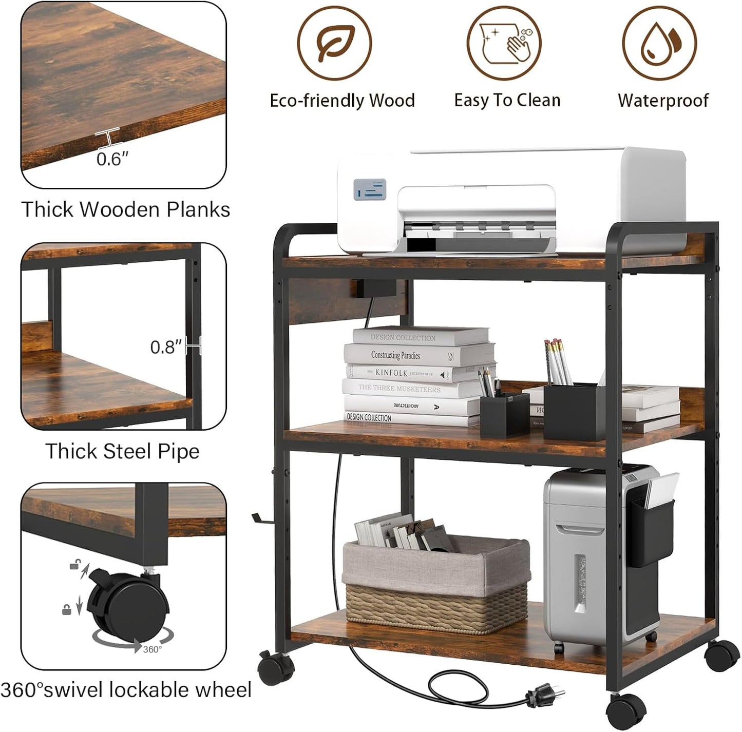 3 Tier Large Printer Stand with Wheels, 25.2 x 18.9 Inch Printer Stand with Power Outlet USB Port, Printer Table with Adjustable Storage Shelf for Home Office, Rustic Brown