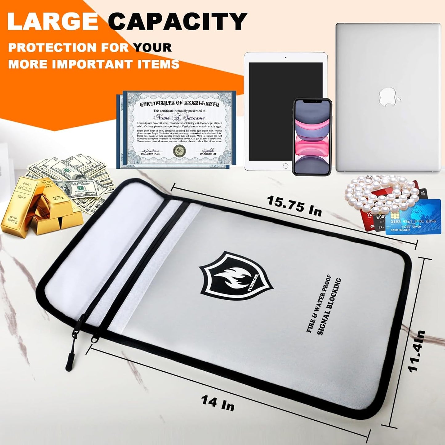 6200°F Upgraded Fireproof Document Bag, 15.7 x 11.4 Faraday Bag, Fireproof Money Bag with Zipper/Reflective Strip, 18 Layers of Heat Insulated Materials, RFID Blocking Bag Protects Devices