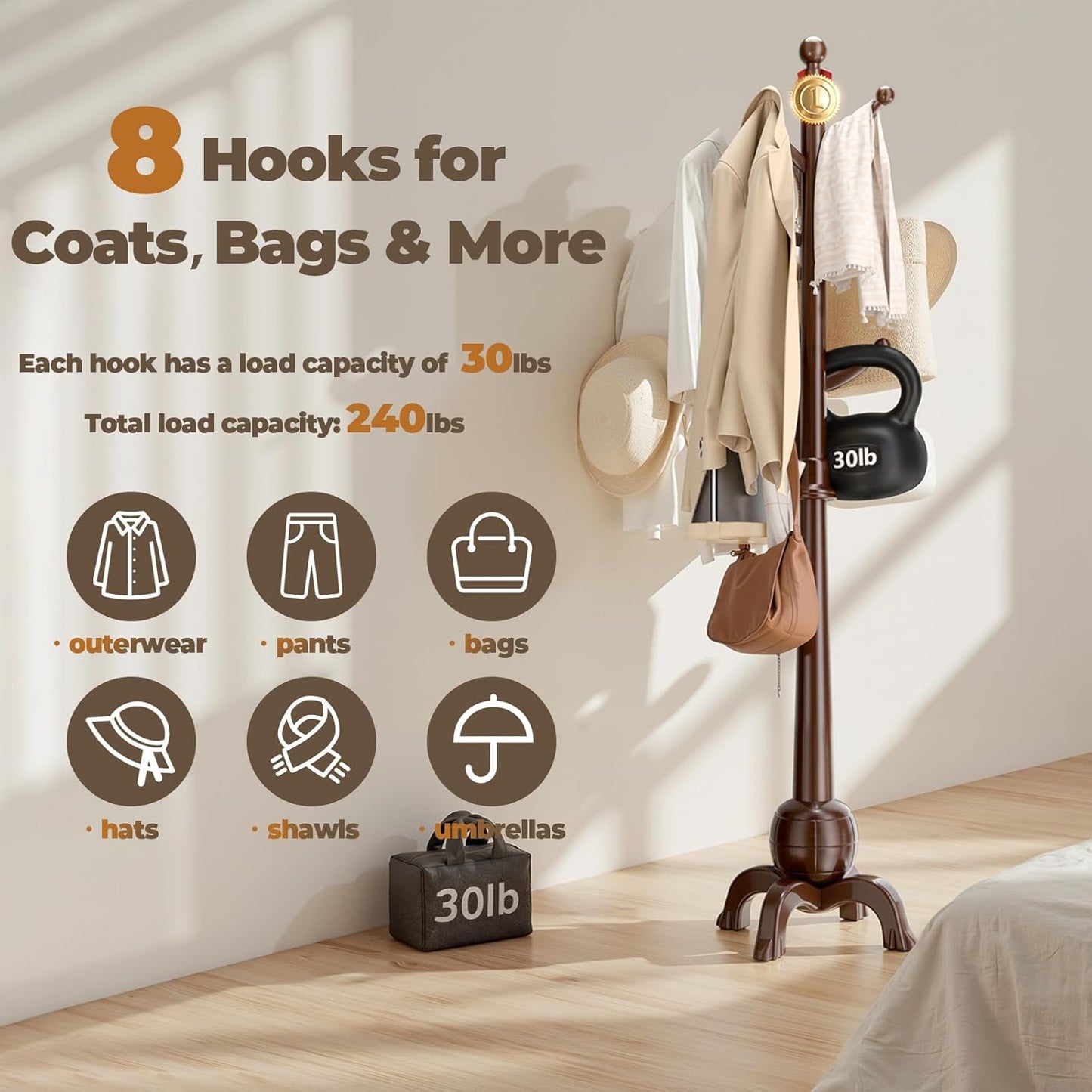 Wood Coat Rack Freestanding, Solid Wooden Hall Tree with 8 Hooks, Coat Tree Freestanding Heavy Duty with Stable Base, Entryway Hallway Bedroom Office Use, 240lbs Load Capacity H:71.6in (Black)