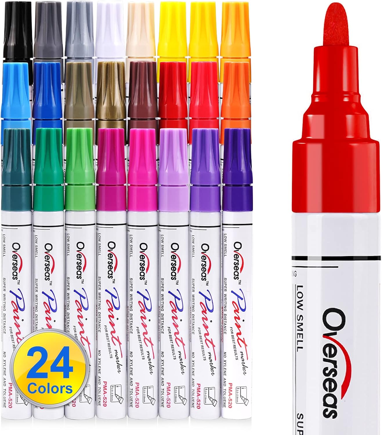 Paint Marker Pens - 24 Color Permanent Oil Based Markers, Medium Tip, Quick Dry and Waterproof Assorted Color Paint Pens for Metal, Wood, Plastic, Stone, Mugs, Canvas, Glass, Art Craft