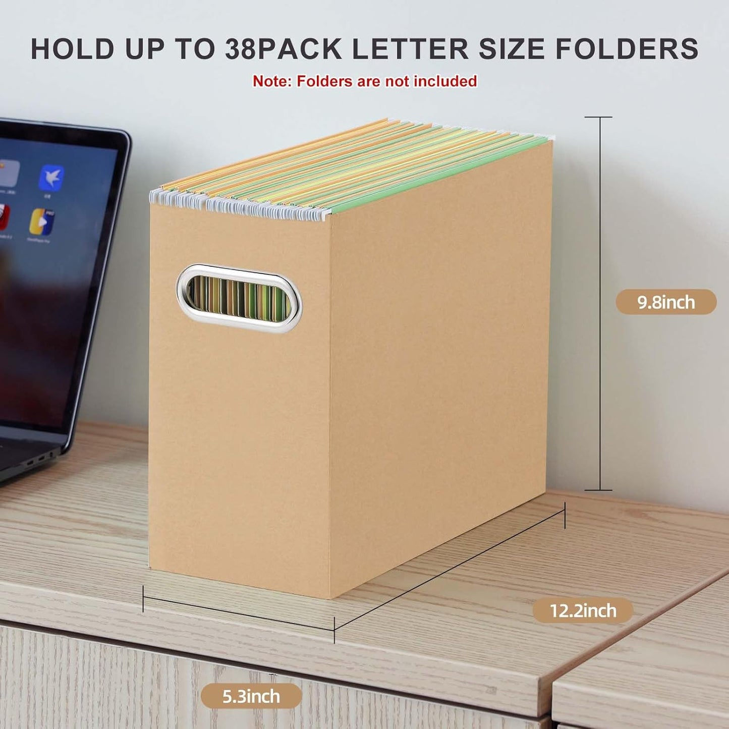 Oterri File Organizer, 2 Packs Small Storage Box, Cardboard File Folder Organizer, Collapsible File Box for Hanging File Folders Letter Size, Portable Filing Organizer with Handle (Brown)