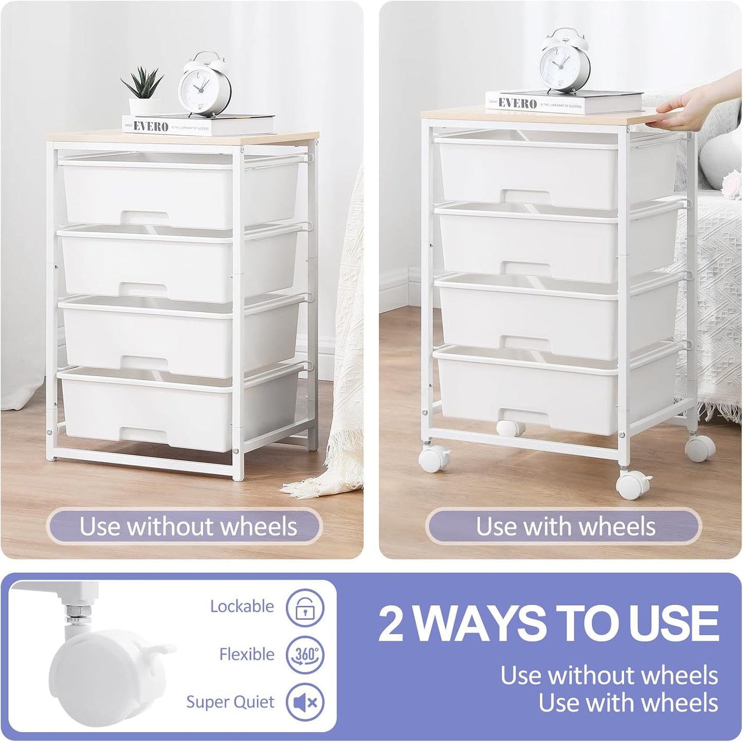 Utility Cart with 4 Drawers, Multipurpose Rolling Storage Cart with 4 Drawers and 2 Lockable Wheels, 4-Tier Rolling Storage Cart Organizer for Home Office Dorm, Bright White