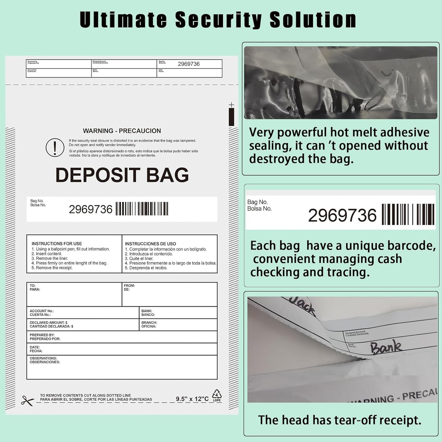 Plastic Deposit Bags 100-Pack Opaque 9.5''x 15'', Opaque Security Bank Deposits Bags,Cash register bag,Money bag for Cash,Bank Pocket,Tamper-Evident Bag,Unique Barcode