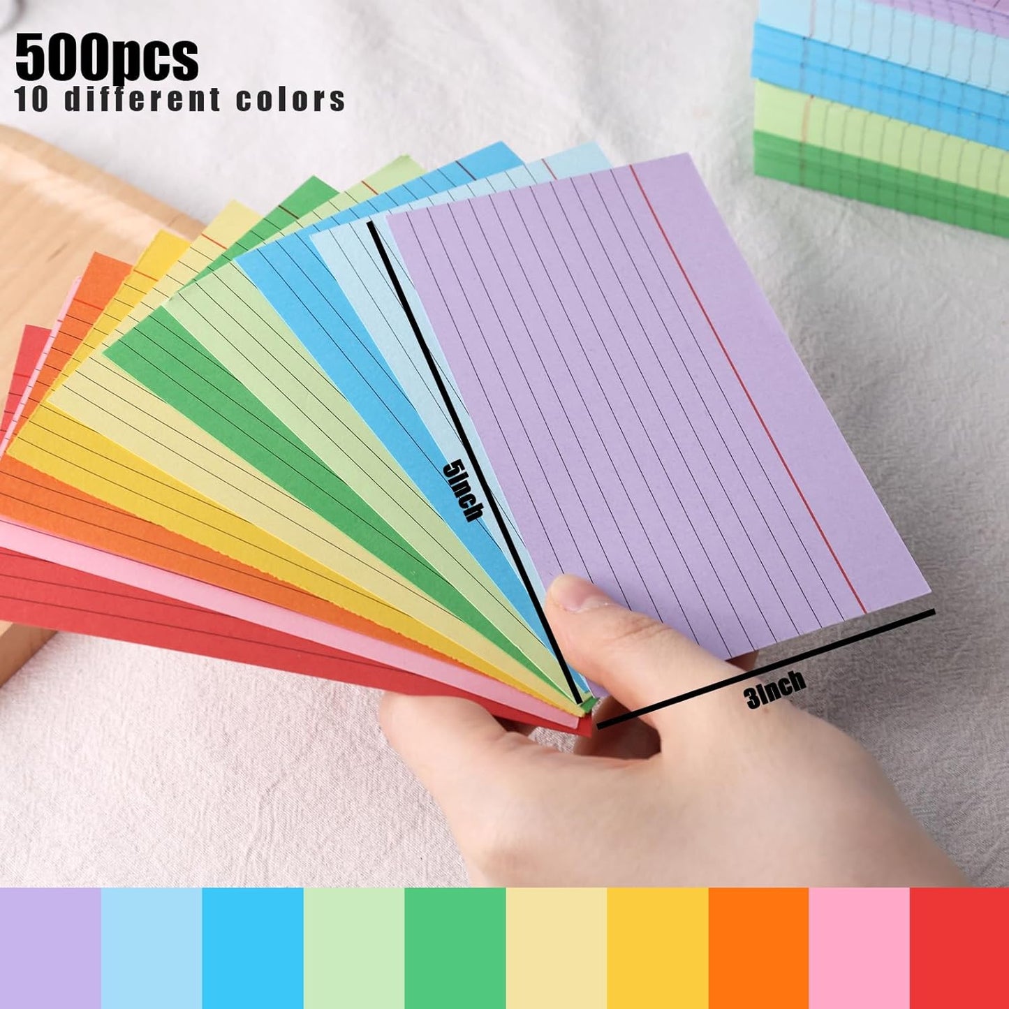 Koogel 500PCS Index Cards 3x5, Colored Lined Ruled Flash Cards for Back to School, Heavy Notecards for Studying School Home College Office Note Taking, To Do List Supplies, 10 Colors