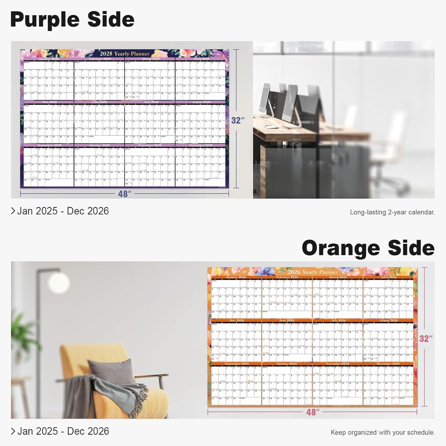 Ospelelf Dry Erase Wall Calendar 2025-2026 Large Laminated Calendar 32'' x 48'' Yearly Office Horizontal 24 Month Calendar, Use Jan 2025 - Dec 2026 (Floral)