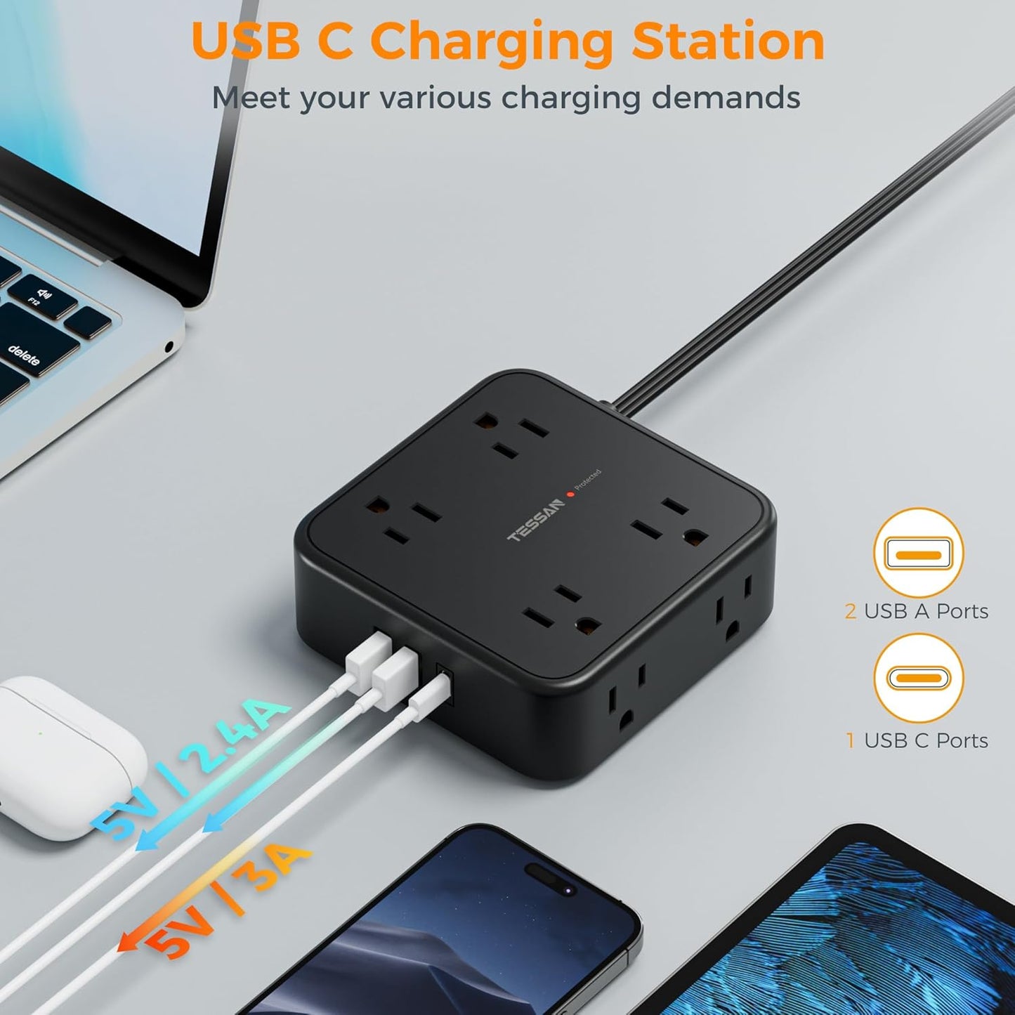 Long Extension Cord 25 FT, TESSAN Ultra Thin Flat Plug Power Strip Surge Protector with 8 AC Outlets, 3 USB Charger(1 USB C), 900J Protection Black Charging Station for Home, Office, Dorm Essentials