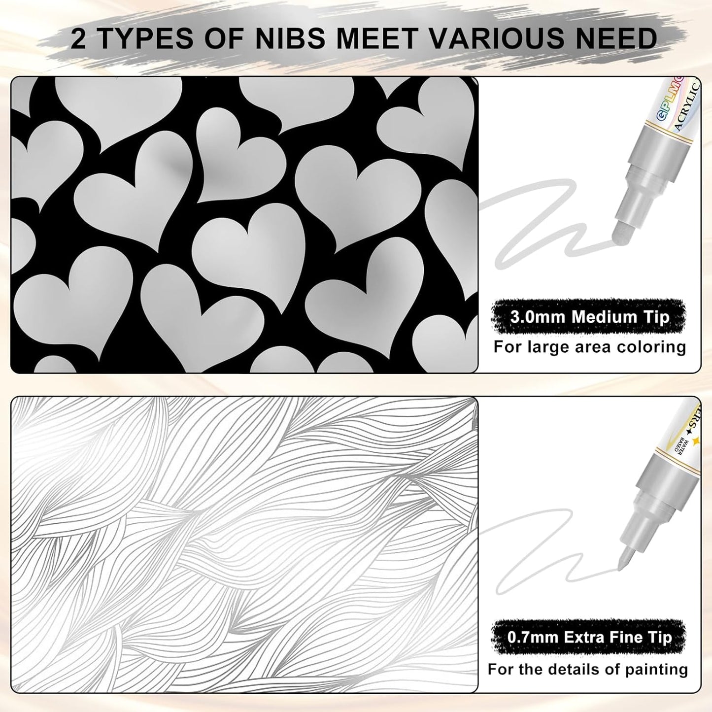 Paint Markers Paint Pens - 2 Pack Dual Tip Acrylic Permanent Marker (0.7mm & 3mm), Non-Toxic, Water-Based for Art Painting, Stone, Ceramic, Glass, Wood, Fabric, Metal, DIY Crafts (Silver)