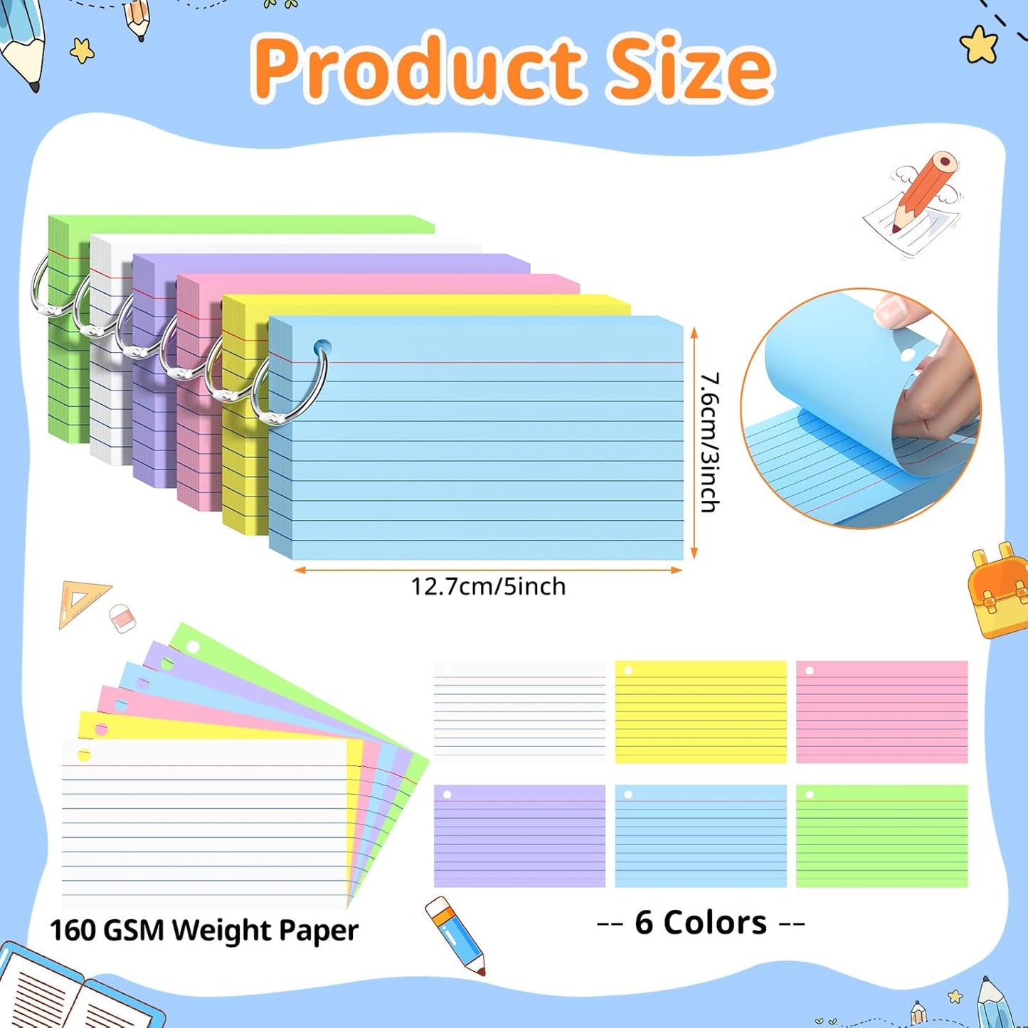 Index Cards 3x5 Inches, 300 PCS, Colored Flash Cards With Ring, Punched Lined Study Card Ruled Flashcards Notecards, Ruled Front And Blank Back, Note Card for School, College And Home