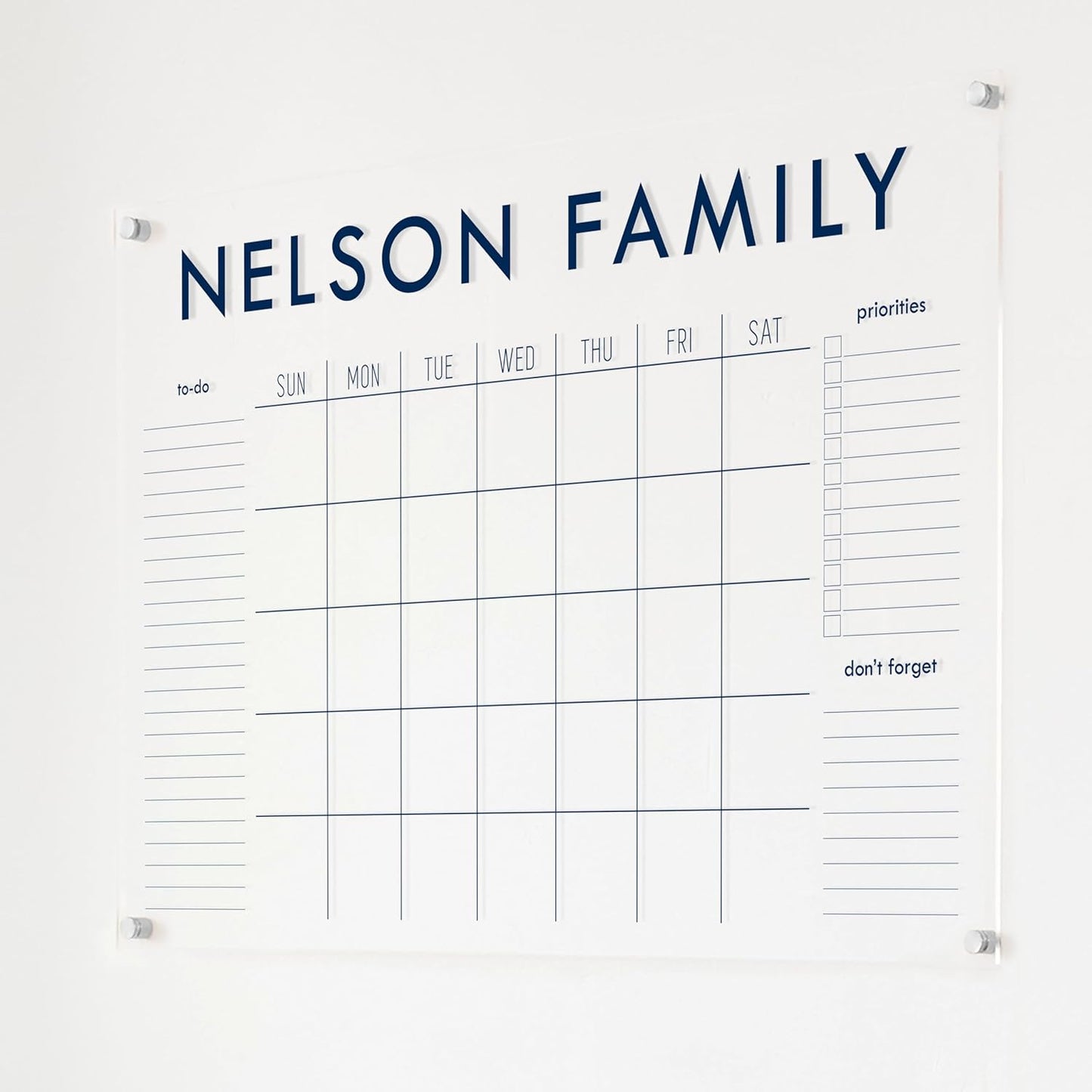 Personalized Clear Acrylic Calendar for Wall, Calendar Whiteboard for Wall, Dry Erase Wall Calendar, Wall Calendar Organizer System for Home (Block, Navy, 38"W x 26"H)