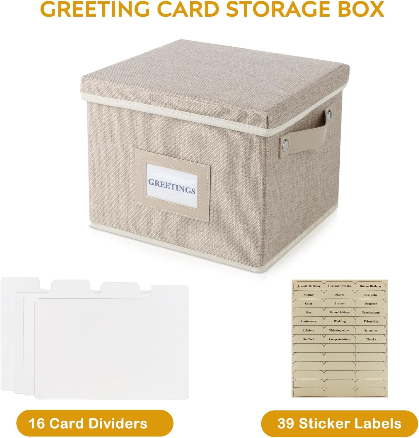 Greeting Card Organizer Box with 16 Dividers,Collapsible Greeting Card Storage Box with Handles Hold 150+ Cards,Greeting Card Holder for Greeting Cards,Sticker, Recipes, Photo, Envelope (Beige, 2 pcs)