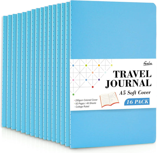 feela 16 Pack Soft Cover Journal Bulk, Lined Notebooks College Ruled for Work for Women Girl Writing, Blank Travel Journal Note Taking Notebook School Business Supplies, 8.2” x 5.5”, A5, Blue