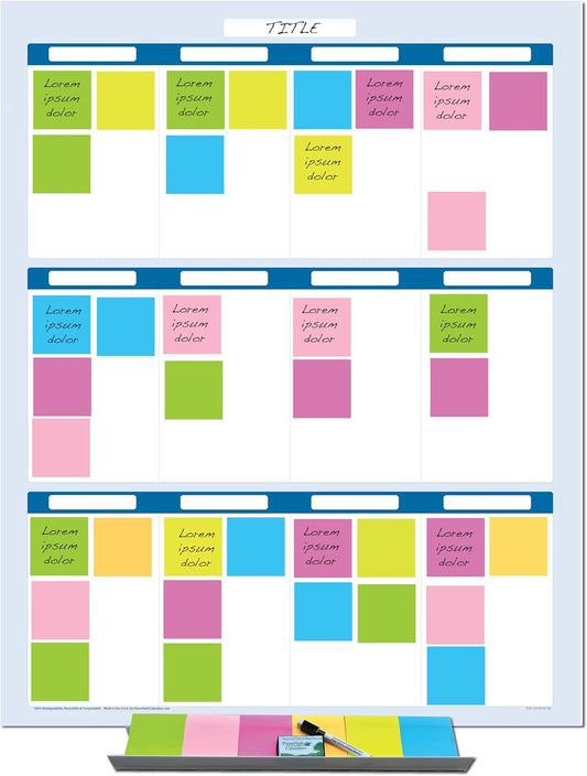 Sky Blue 12 Section Task, Objective and Goals Planning System Vertical 48" Tall 32" Wide. Wall Tray, Dry-Erase Marker, Eraser and 600 Sticky-Notes