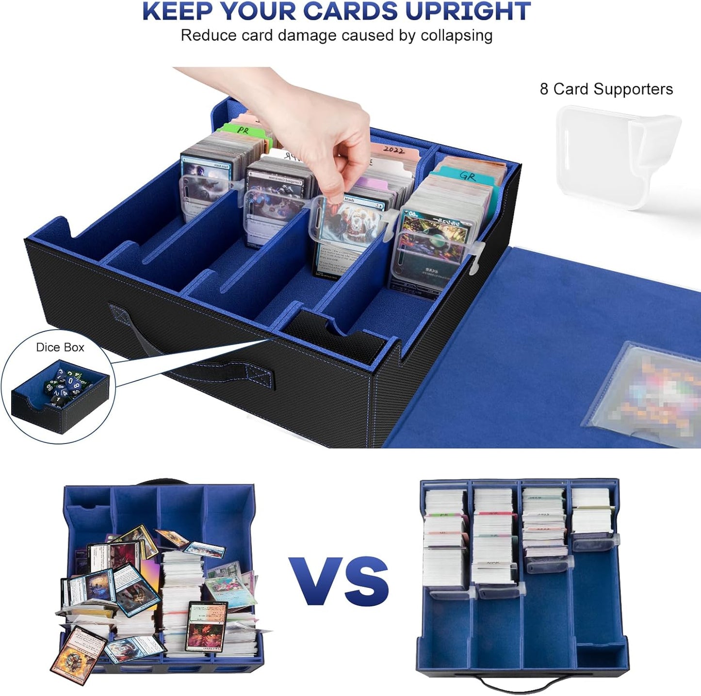 3200+ Trading Card Storage Box with Commander Display, 4-Row TCG Card Box with Portable Handle, Compatible for TCG/MTG/Magic Cards, 30 Colorful Divider, 8 Supporters, US Design Patent (Black&Blue)