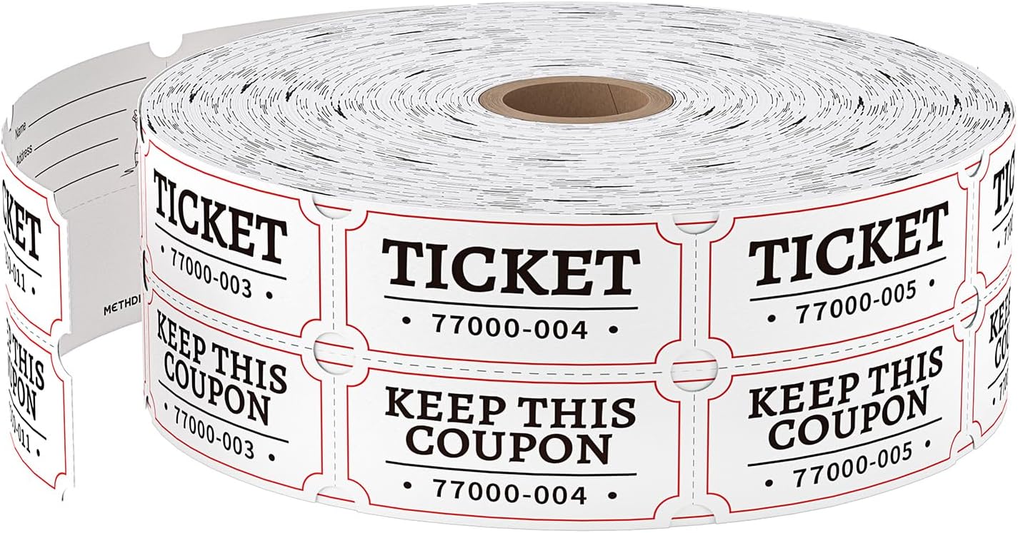 Methdic 2000 White Double Raffle Tickets Roll, Ticket for Events, Entry, Class Reward, Fundraiser & Prizes