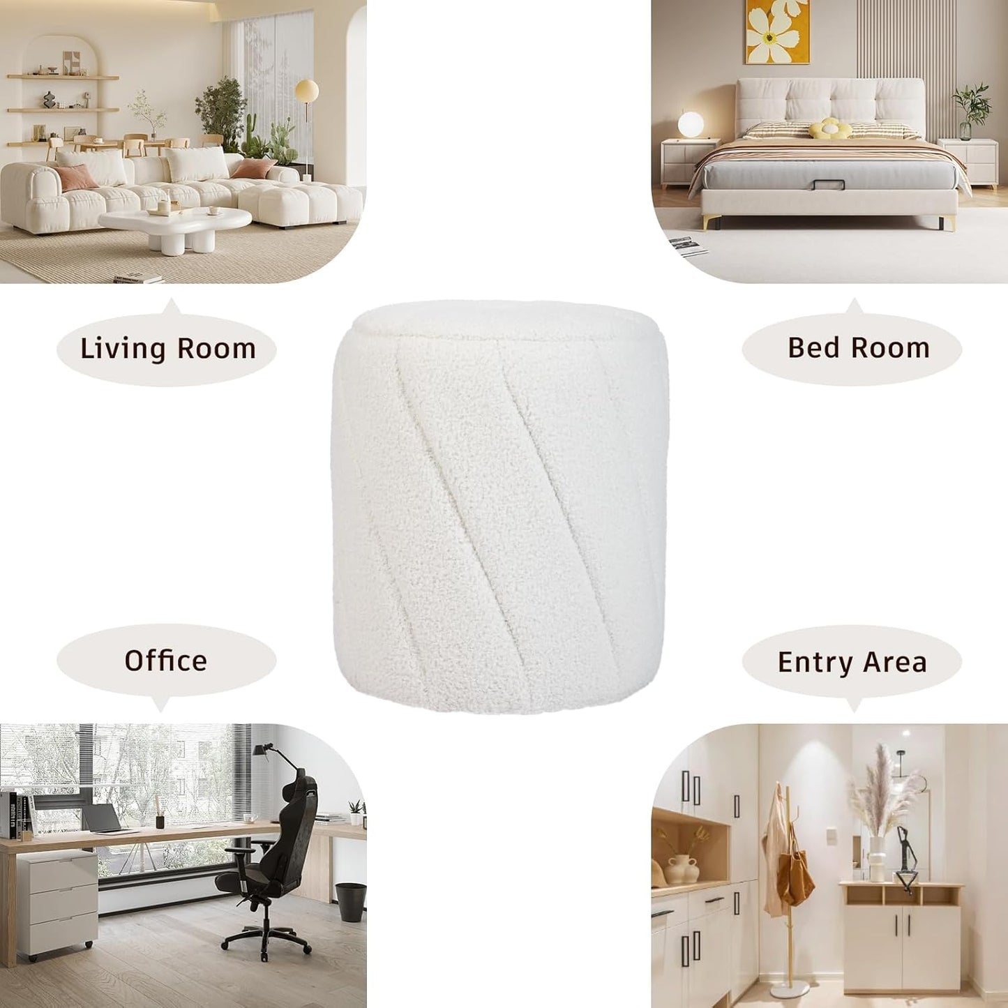 Modern Round Ottoman, Spiral-Tufted Foot Stool Ottoman, Teddy Fleece Upholstered Vanity Stool for Makeup, Bedroom, Living Room, White