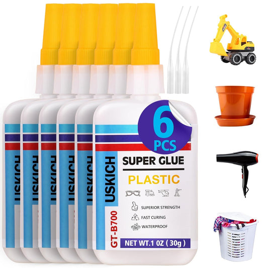 Super Glue for Plastic with Anti Clog Cap. 6 x 1 fl oz,Plastic Glue- Adhesive CA Glue for Model and Miniature,Suitable for PLA, ABS,PVC,3D Printing,Toys,Legos.Heavy Duty Model Repair Kit, Quick Dry