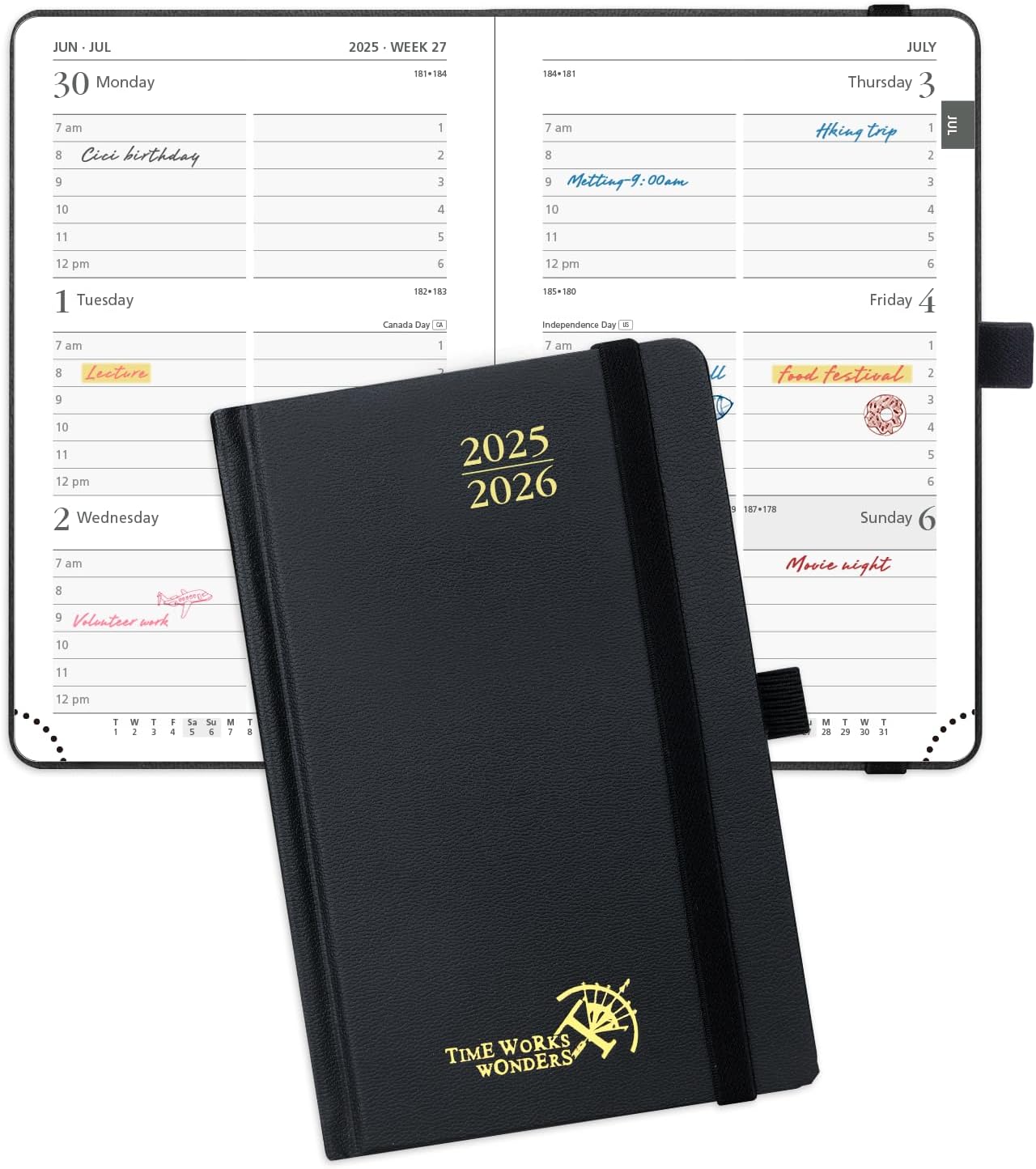 POPRUN Pocket Planner 2025-2026, (Purse Size 4''x 6.25'' Hard Cover) Academic Year Calendar Daily Weekly and Monthly (July 25-June 26) with Hourly Time Slots, 100 GSM Paper - Black