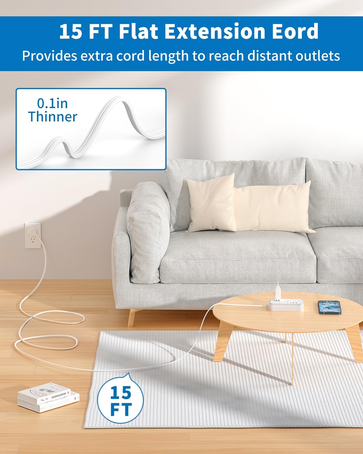 Flat Extension Cord 15 ft, NTONPOWER Surge Protector Power Strip with 6 Widely Outlets 4 USB Ports(2 USB C), Flat Plug, Wall Mounted, Side Outlet Extender for Indoor, Home Office, Dorm Room Essentials