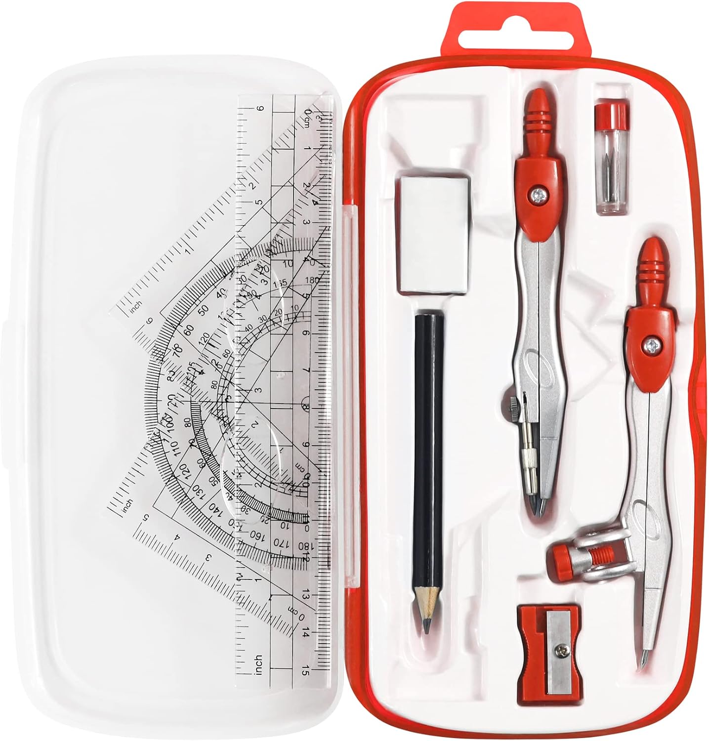 Math Geometry Kit Sets 10 Piece Student Supplies with Shatterproof Storage Box,Includes Rulers,Protractor,Compass,Eraser,Pencil Sharpener,Lead Refills,Pencil,for Drafting and Drawings（Red）