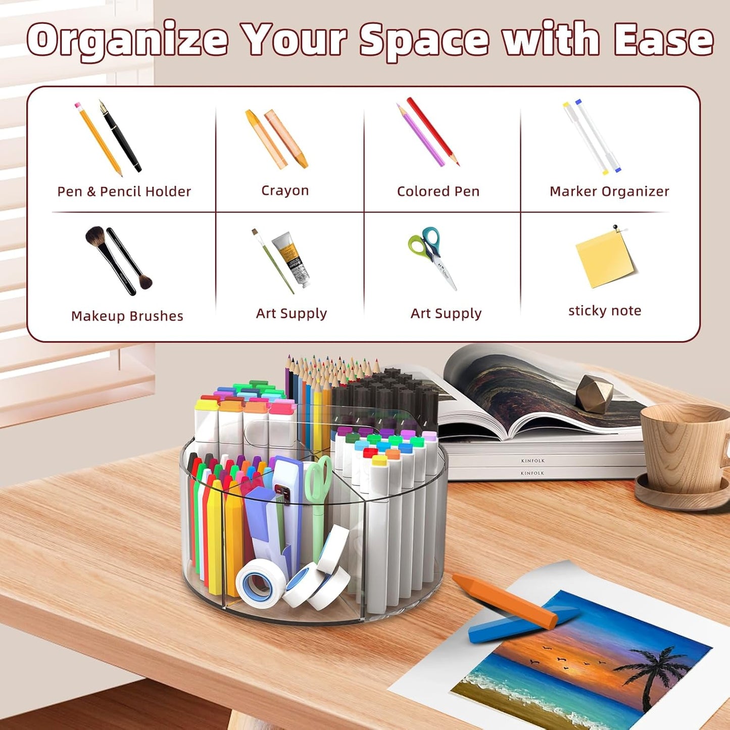 Absonic 2 Pack Acrylic Pen Organizer, 360 Rotating Clear Colored Pen and Pencil Crayon Marker Holder Caddy for Desk, Desktop Storage and Organizer for School Art Supplies