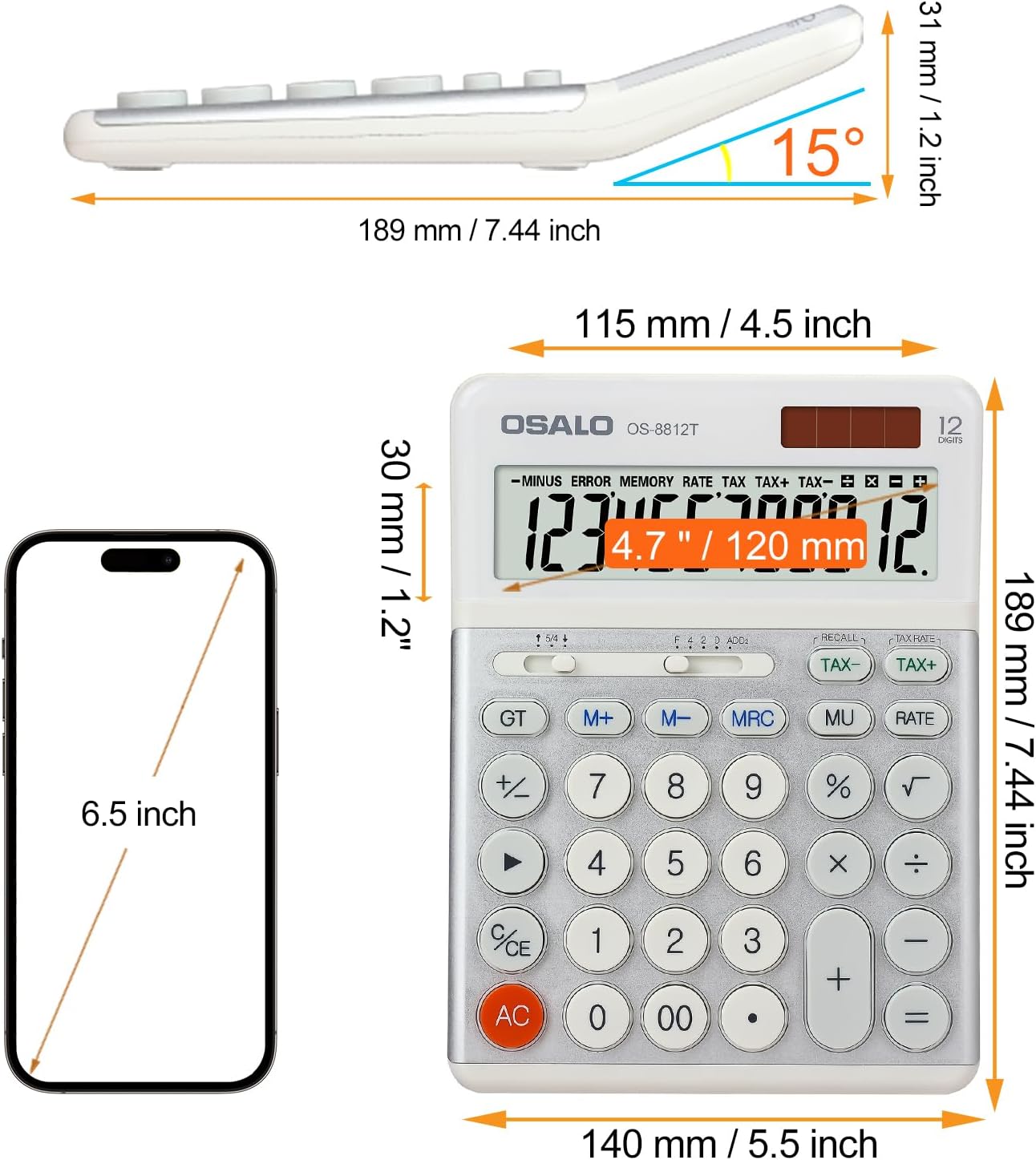 OSALO Desktop Calculators VAT Tax Function Large Display Big Buttons 12 Digit Big Desk Calculator for Home and Office (OS-8812T Large Calculator)