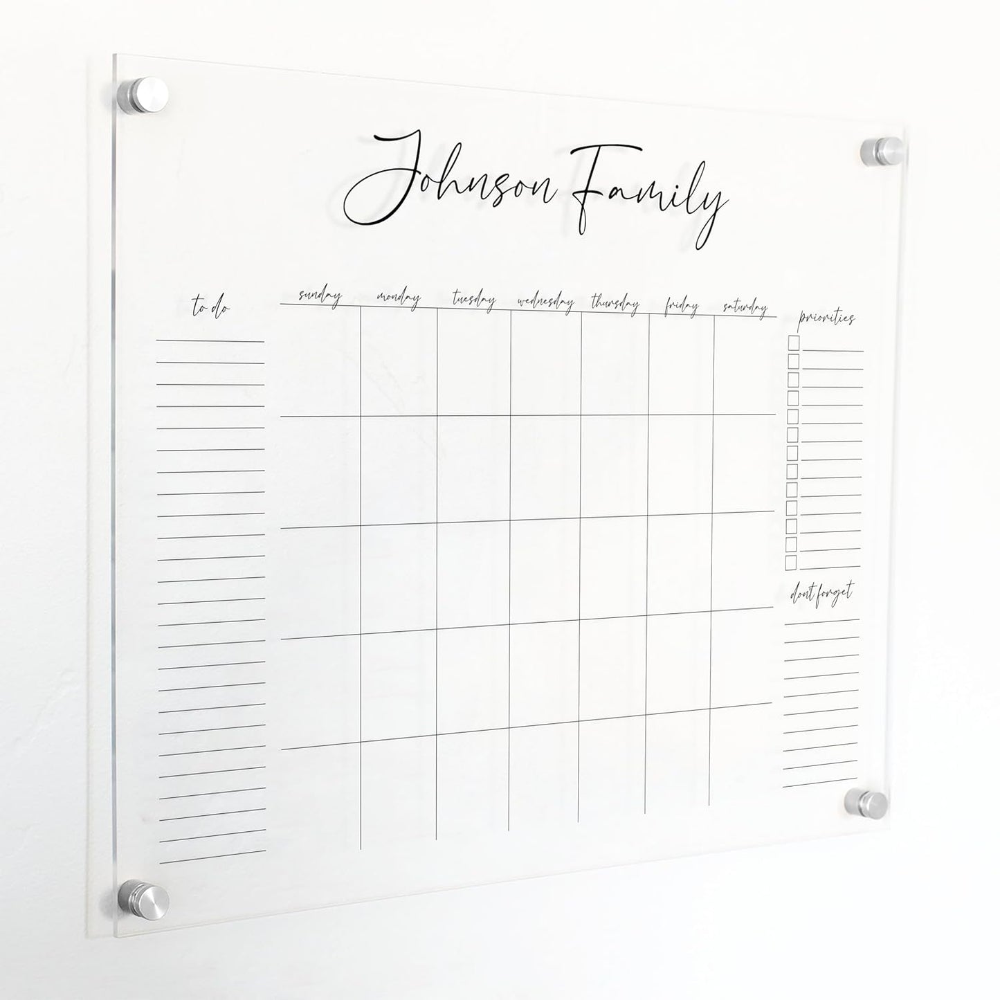Personalized Clear Acrylic Calendar for Wall, Calendar Whiteboard for Wall, Dry Erase Wall Calendar, Wall Calendar Organizer System for Home (Cursive, Black, 23"W x18.5"H)