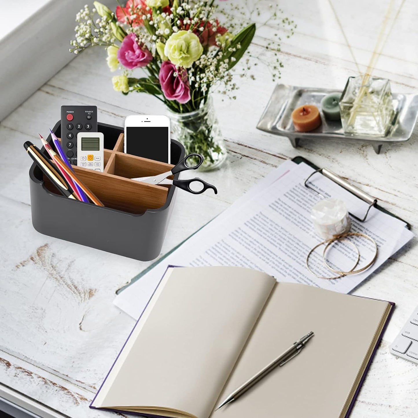 Stylish Desk Organizer and Remote Control Holder in Black - Keep Your Workspace Tidy and Organized, Multi-Purpose Storage for Office Desktop Coffee Table Bedside Nightstand