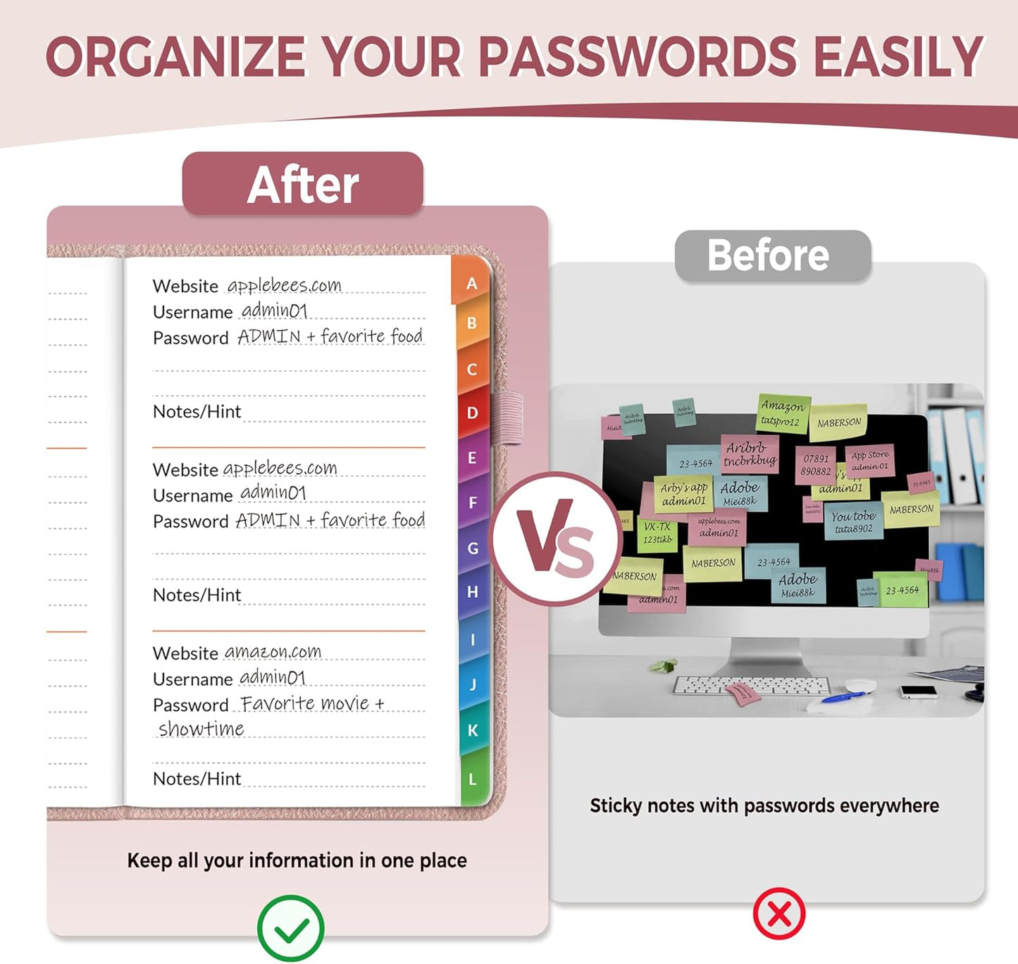 SUNEE Password Keeper Book with Colorful Alphabetical Tabs, Small Pocket Password Book for Internet Website Address Login, Gifts for Home and Office, 4''x 6''- Rose Gold