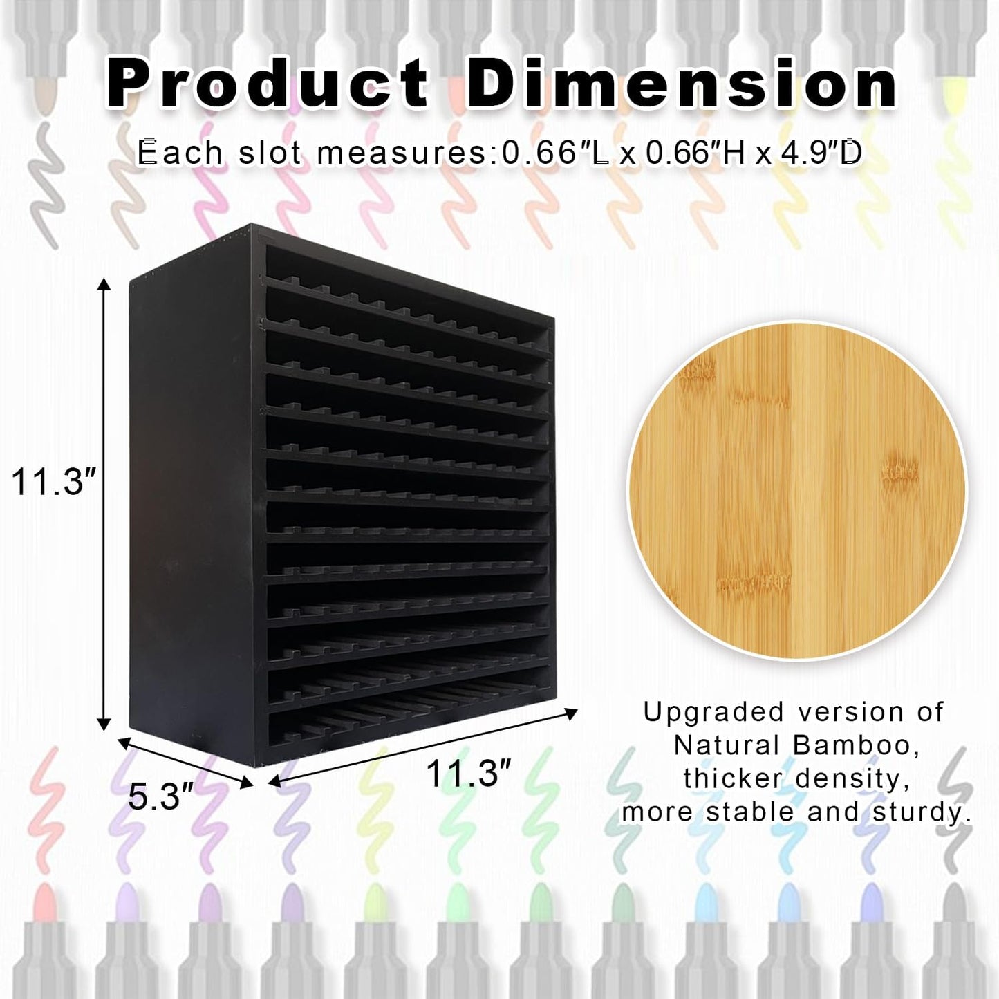 MinBoo Bamboo Marker Organizer Wooden Art Supply Storage Organizer Rack Art Markers Pens Colored Pencils Paint Brushes Stationary Organizer Holder (Black, Rack for 144 Markers)