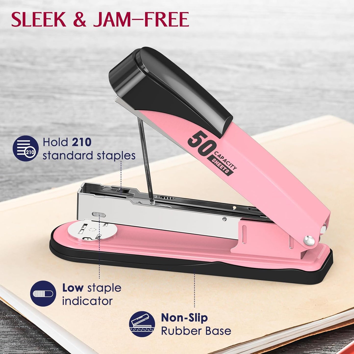 Metal Stapler Heavy Duty 50 Sheet Capacity with 1750 Staples and Staple Remover, Full Strip Staplers for Desk, No Jam, Non-Slip for Office & Classroom, Pink