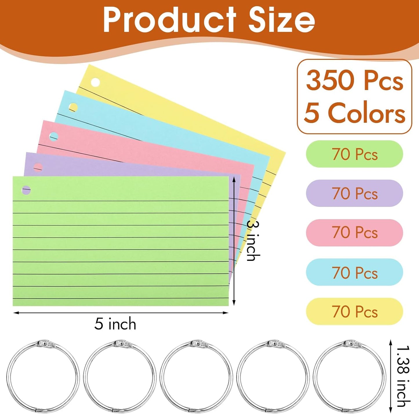 350 Pcs Index Cards With Ring, 3x5 Inches Flash Cards With Rings，Colored Heavy Notecards With Ring, Punched Lined Study Cards For School, College, Home, Office, Memory, To Do List (5 Colors)