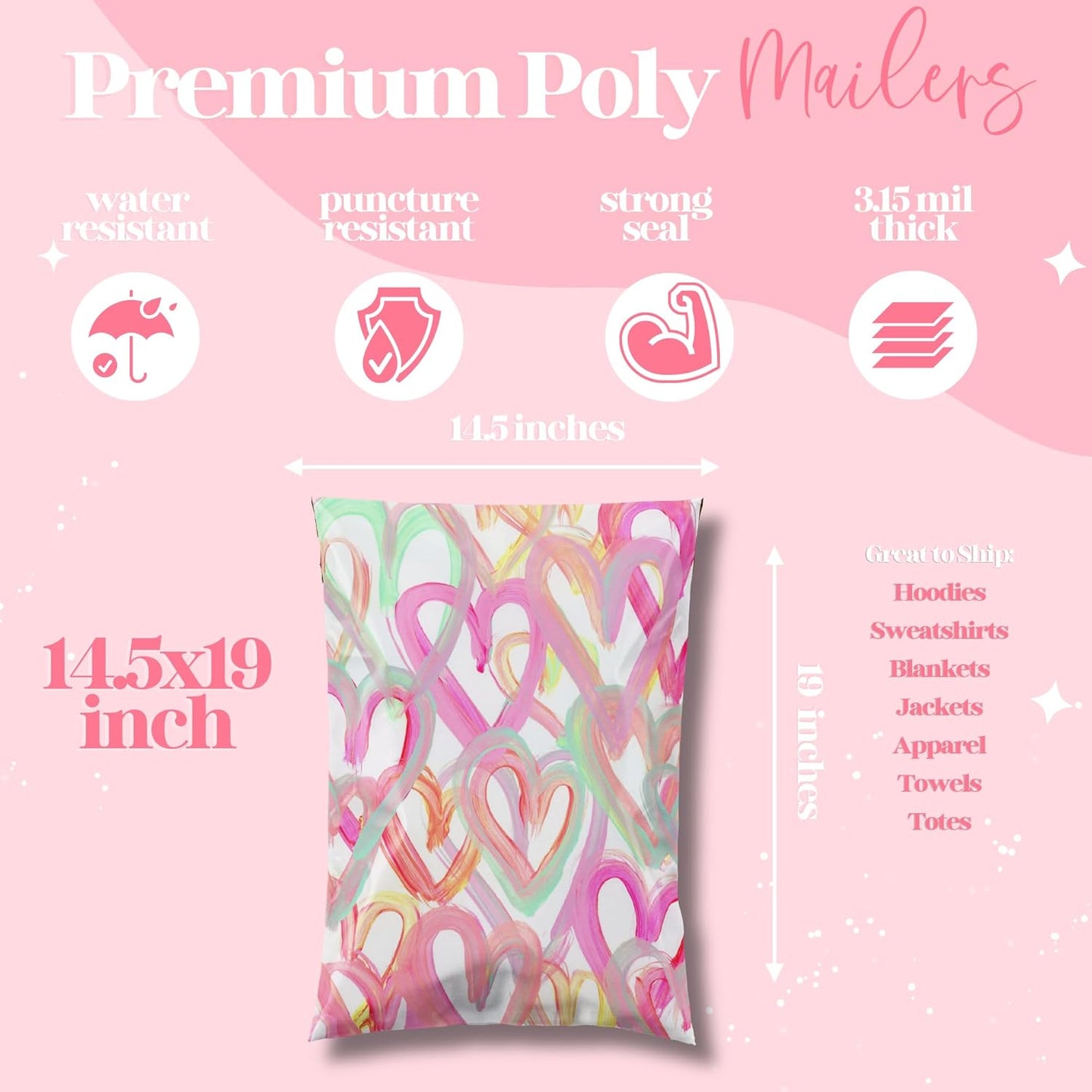 14.5x19 Designer Poly Mailer 100 Pack Heavy Duty Waterproof Self Seal Shipping Bags for Small Business Large Mailing Envelopes Bulk Tear Resistant Cute Packaging Happy Hearts