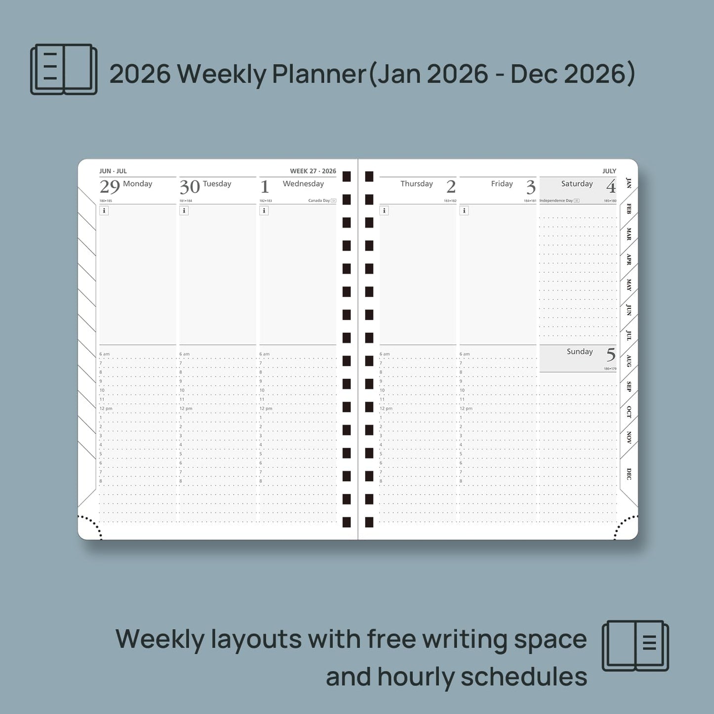 POPRUN 2026 Planner (Medium Size 8.5'' x 6.25'' Wire-Bound Hard Cover) Daily Weekly and Monthly Calendar - Agenda 2026 (Jan.2026-Dec.2026) with Hourly Schedule, Monthly Tabs - Light Pink