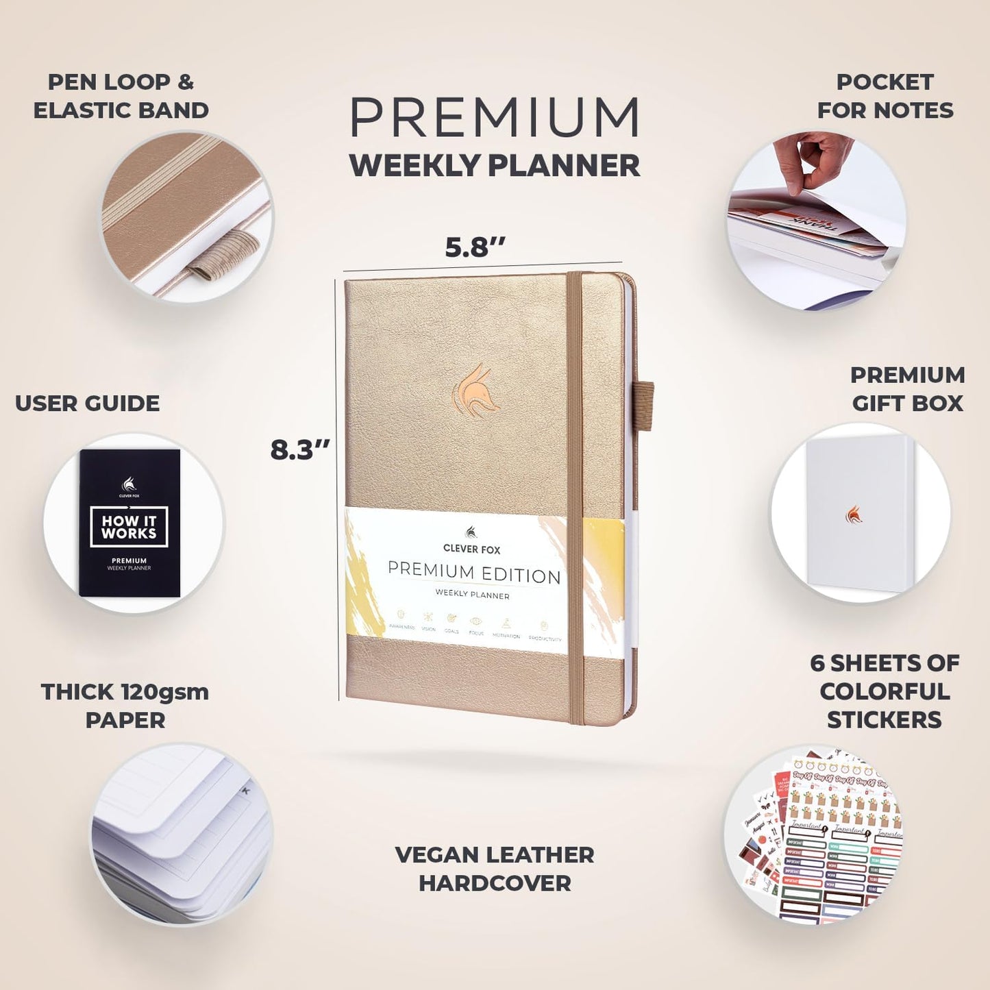 Clever Fox Planner Premium Edition – Undated Luxurious Weekly & Monthly Planner to Increase Productivity and Hit Your Goals – Organizer – Start Anytime, A5, Lasts 1 Year, Pearl (Weekly)