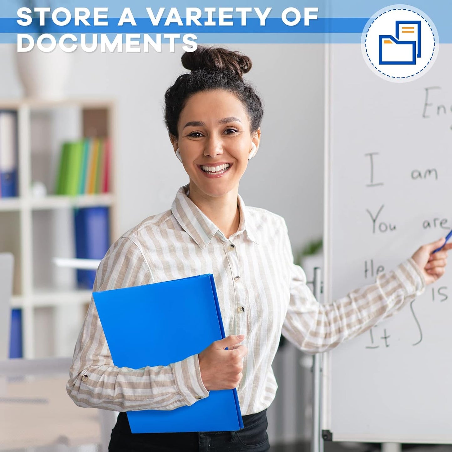 Henoyso 100 Pcs Plastic Folder with Clear Front Pocket and 3 Prong Plastic Folders with Card Slot Pocket Folders with Prongs for School Office (Blue)