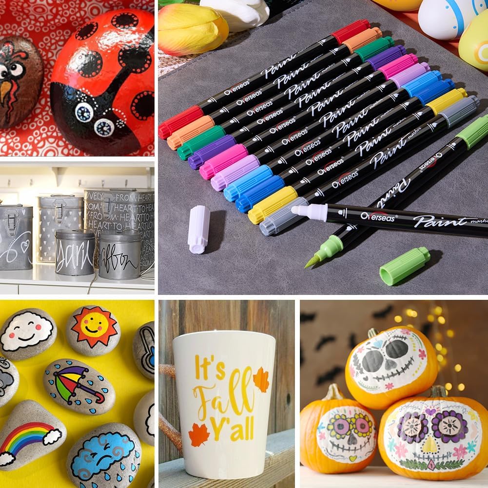 Overseas Blue Acrylic Paint Markers, 2 Pack Dual Tip Paint Pens Acrylic Markers with Dot and Brush Tip, Coloring Marker for Wood, Rock, Canvas, Glass, Metal, Ceramic, Plastic, Fabric, School Supplies