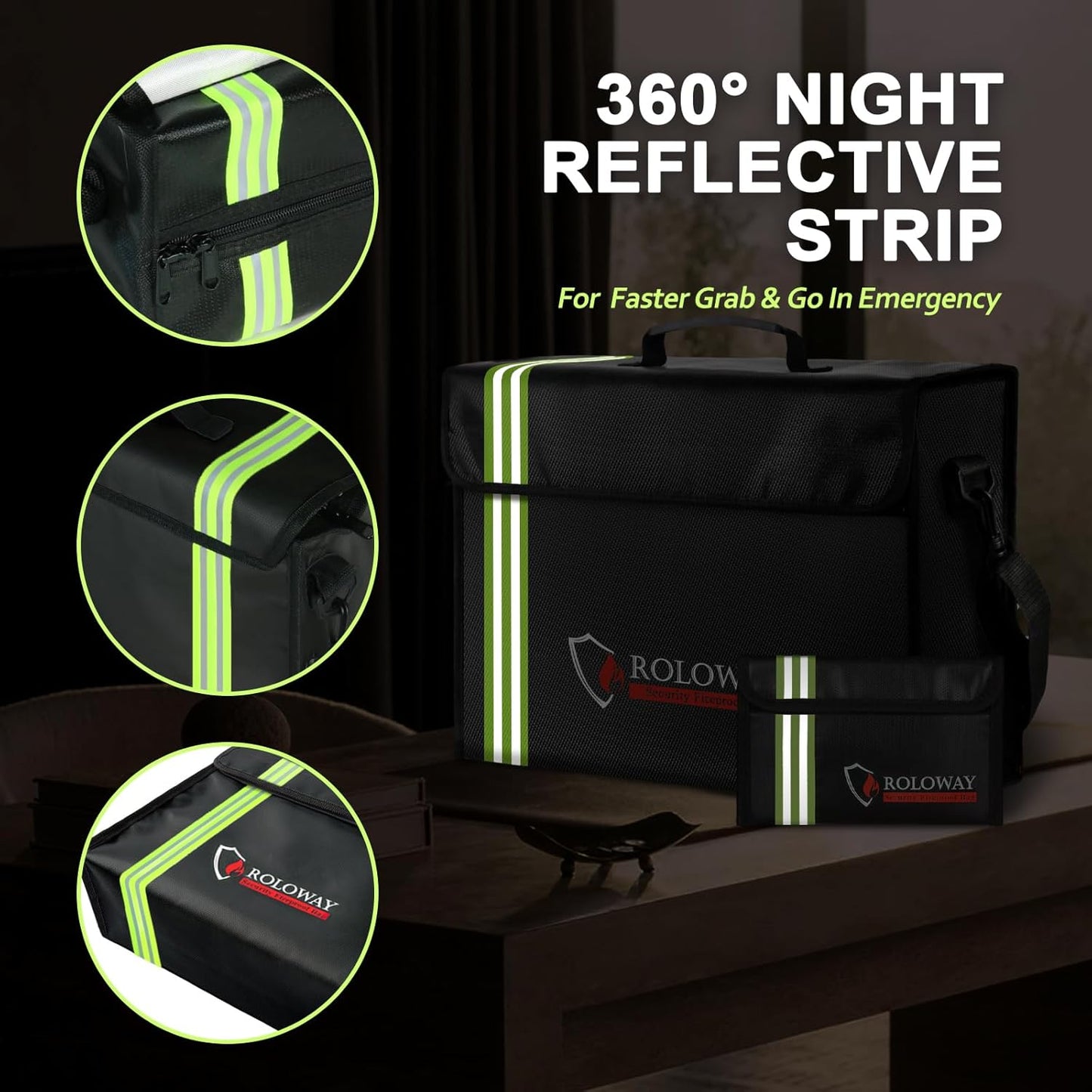 ROLOWAY Large Fireproof Bag 5200°F Heat Insulated (17 x 12 x 5.8 inches) with Reflective Strip, Fireproof Document Bag with Fireproof Money Bag for Cash Safe, Fireproof Safe Bag for Document Safe