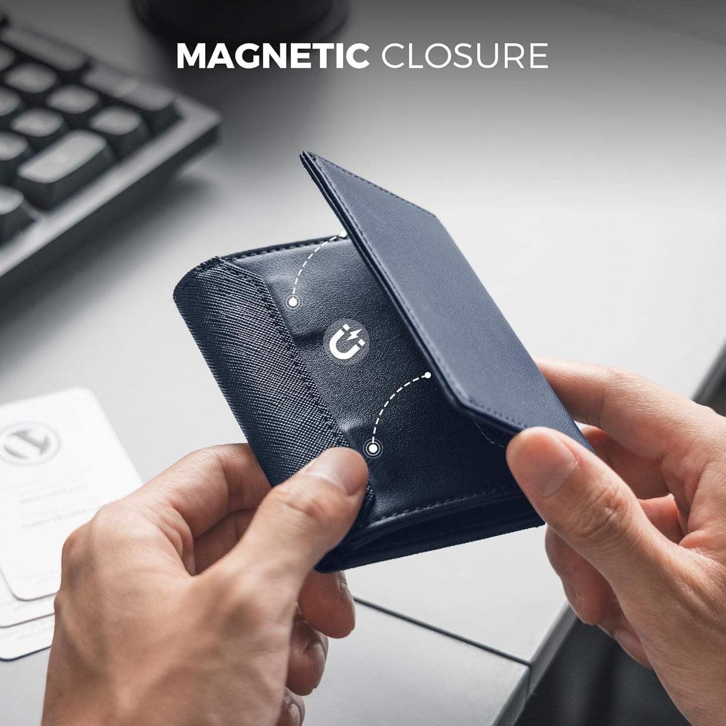 Real Leather Business Card Holder Premium RFID Blocking Card Case with ID Window and Magnetic Closure Holds Up to 40 Business Cards (Navy)