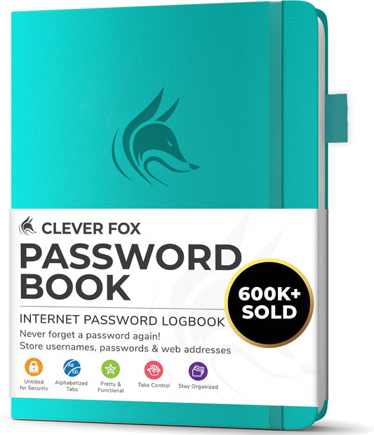 Clever Fox Password Book with alphabetical tabs. Internet Address Organizer Logbook. Small Pocket Password Keeper for Website Logins (Turquoise)