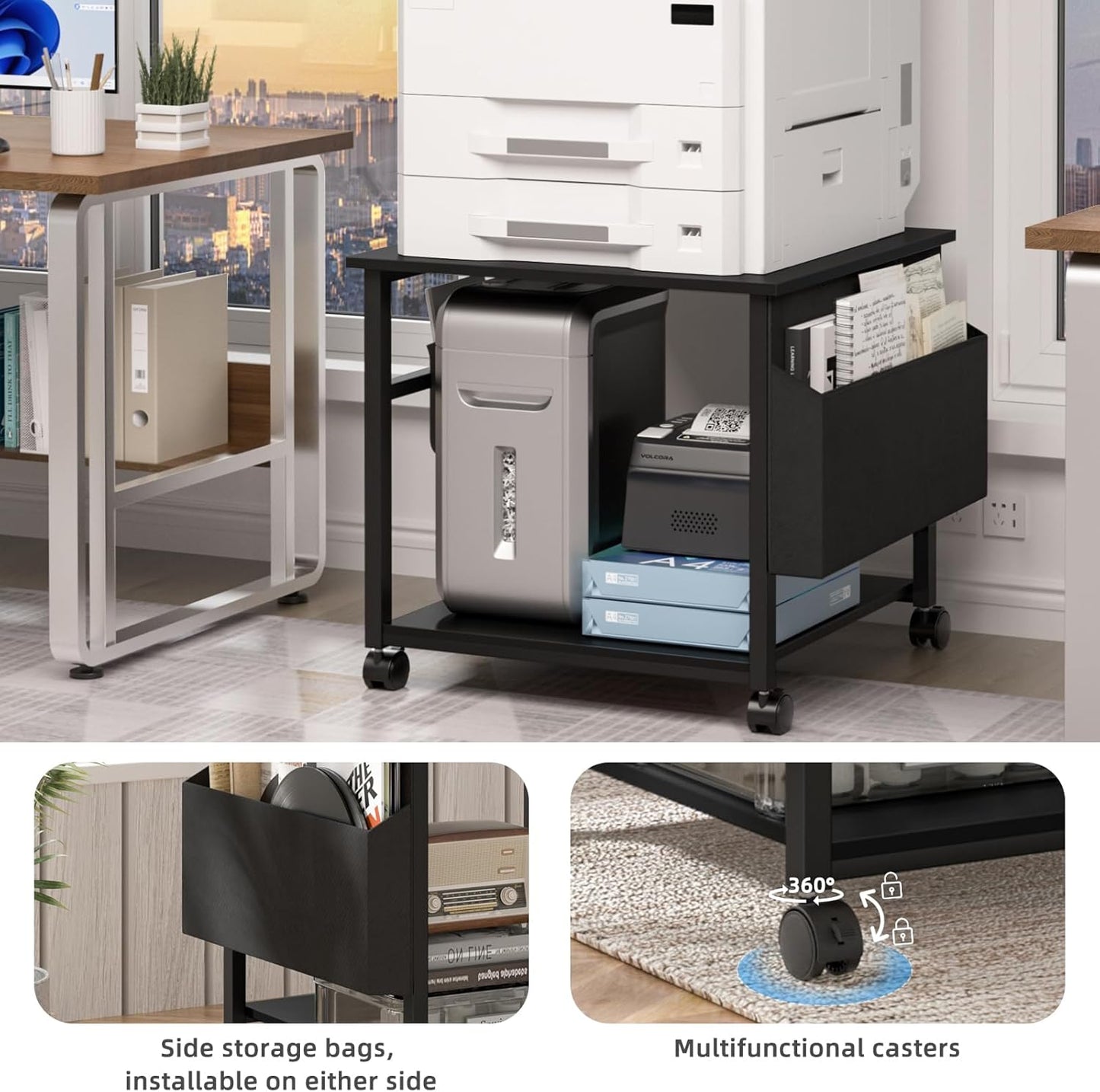 Lerliuo Large Printer Stand with Storage Shelf, 23.6 x 23.6 x 22.8 Industrial Printer Table for Home Office, Rolling Printer Cart Holder with Lockable Wheels, Mobile Mini Fridge Stand Table (Black)